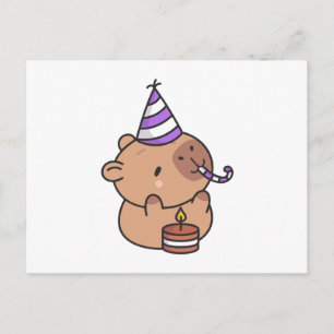 Cute Birthday Capybara with Party Hat and Cake Kaw Postcard