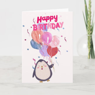 Cute birthday card with adorable penguin and B