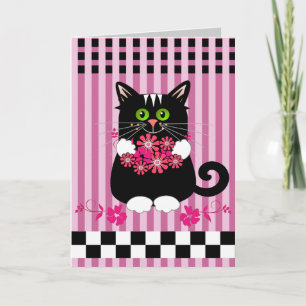 Cute birthday card with cat offering flowers