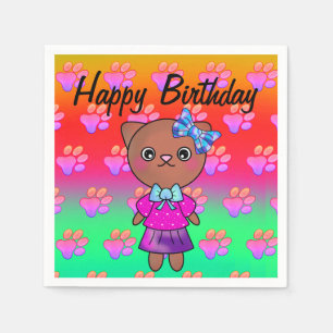 Cute Birthday Cat with Adorable Paw Prints Napkins
