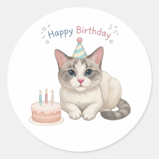 Cute Birthday Cat with Cake and Party Hat Classic Round Sticker