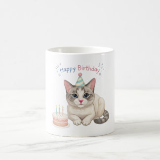 Cute Birthday Cat with Cake and Party Hat Coffee Mug