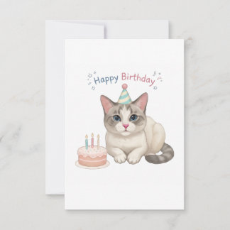 Cute Birthday Cat with Cake and Party Hat Thank You Card