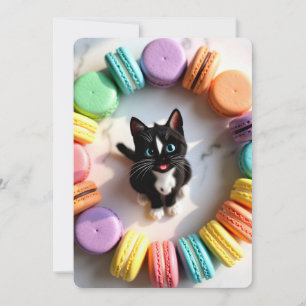 Cute Birthday Cat with Colorful Macarons – Sweet Invitation