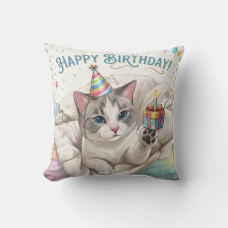 Cute Birthday Cat with Party Hat and Gift Throw Pillow