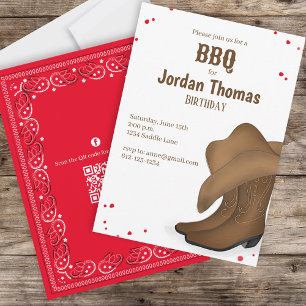 Cute Birthday Cowboy BBQ QR Code Social Media Invitation
