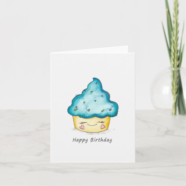 Cute Birthday Cupcake Watercolor Greeting Card (Front)