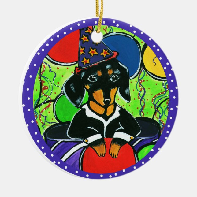 Cute Birthday Dachshund Ceramic Ornament (Front)