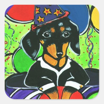 Cute Birthday Dachshund Square Sticker by Dachshunds_by_Joanne at Zazzle