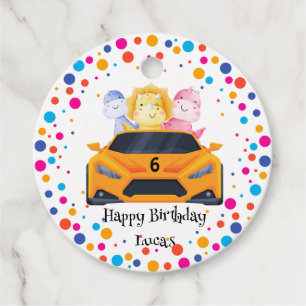 Cute Birthday Dinosaur race car boy Yellow racing Favor Tags