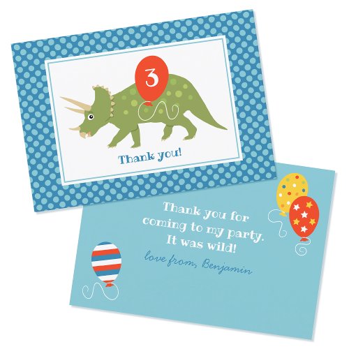 Cute Birthday Dinosaur Triceratops Custom Blue Thank You Card
