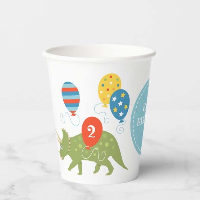 Cute Birthday Dinosaur Triceratops Custom Name Age Paper Cups (Front)