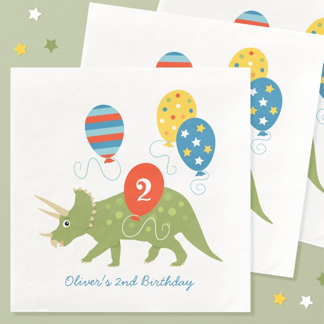 Cute Birthday Dinosaur Triceratops Custom Name Age Paper Dinner Napkins (Creator Uploaded)
