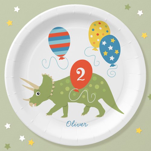 Cute Birthday Dinosaur Triceratops Custom Name Age Paper Plates