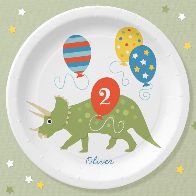 Cute Birthday Dinosaur Triceratops Custom Name Age Paper Plates (Creator Uploaded)