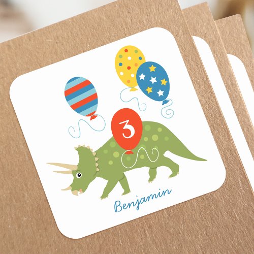 Cute Birthday Dinosaur Triceratops Custom Name Age Square Sticker