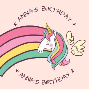 Cute Birthday Doodle Flying Rainbow Unicorn Paper Plate