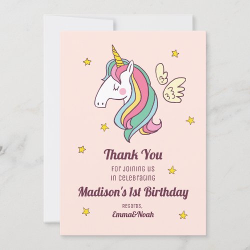 Cute Birthday Doodle Flying Rainbow Unicorn Thank You Card