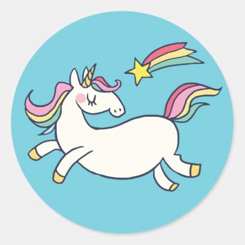 Cute Birthday Doodle Rainbow Unicorn and Stars Classic Round Sticker