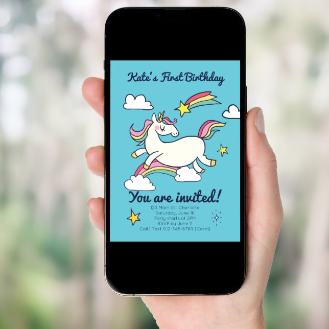 Cute Birthday Doodle Rainbow Unicorn and Stars. Invitation (Front Digital)
