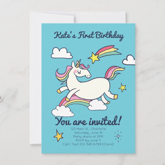 Cute Birthday Doodle Rainbow Unicorn and Stars. Invitation (Front)
