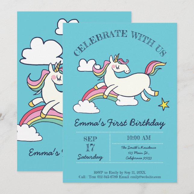 Cute Birthday Doodle Rainbow Unicorn and Stars. Invitation (Front/Back)