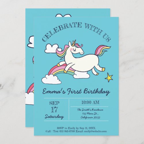 Cute Birthday Doodle Rainbow Unicorn and Stars Invitation