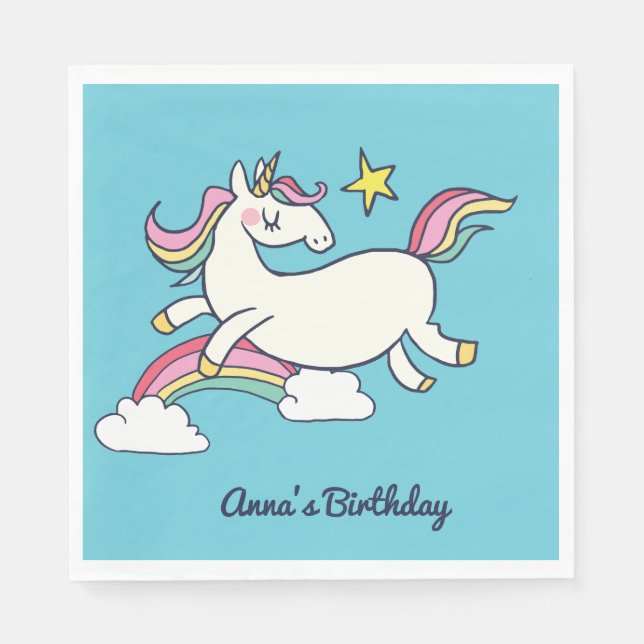 Cute Birthday Doodle Rainbow Unicorn Stars Clouds Paper Napkins (Front)
