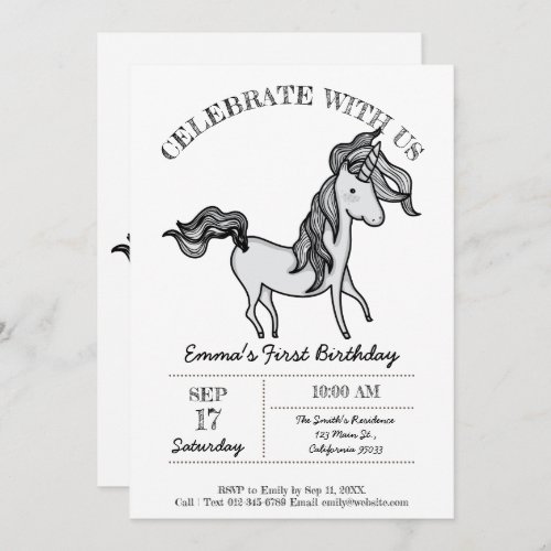 Cute Birthday Doodle Unicorn Invitation