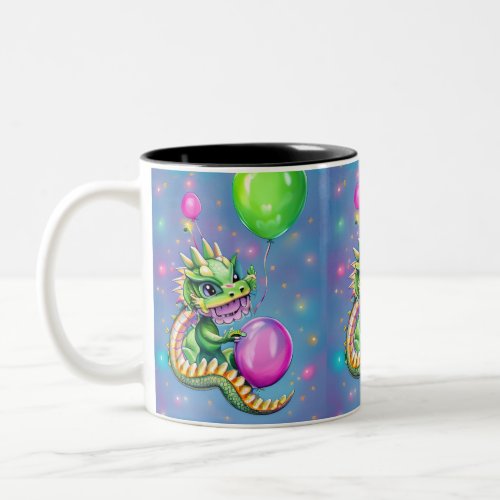 Cute Birthday Dragon with Balloons  Two_Tone Coffee Mug