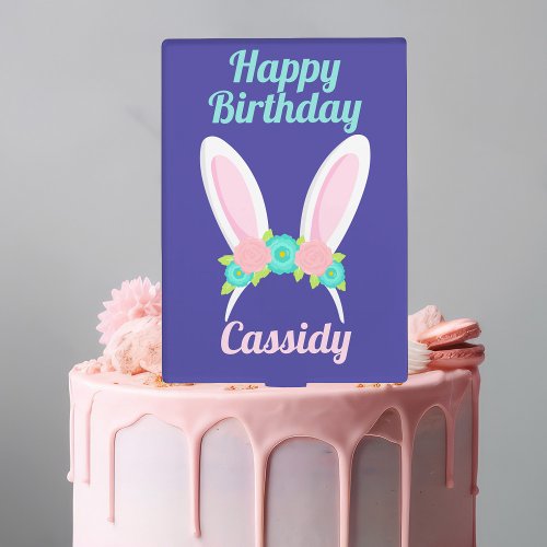 Cute Birthday Easter Bunny Custom Purple Party Cake Topper