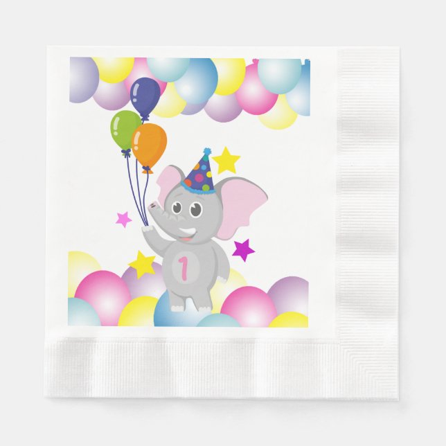 Cute Birthday elephant with balloons Napkins (Front)