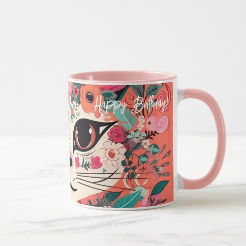 Cute Birthday Floral Pink Cat  Mug