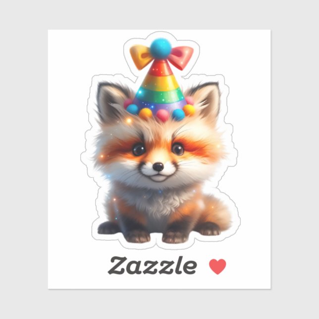 Cute Birthday Fox with Rainbow Party Hat Sticker (Sheet)