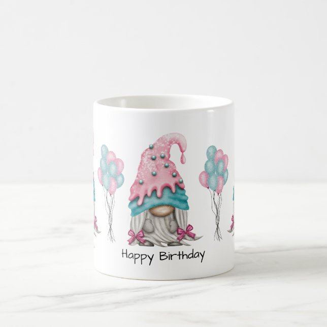Cute Birthday Girl Gnome Pink Turquoise Watercolor Coffee Mug (Center)