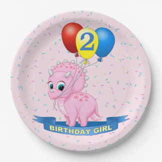 Cute Birthday Girl Pink Baby Triceratops Dino Paper Plates