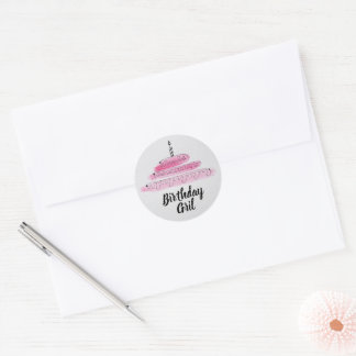 Cute Birthday girl with cake Classic Round Sticker