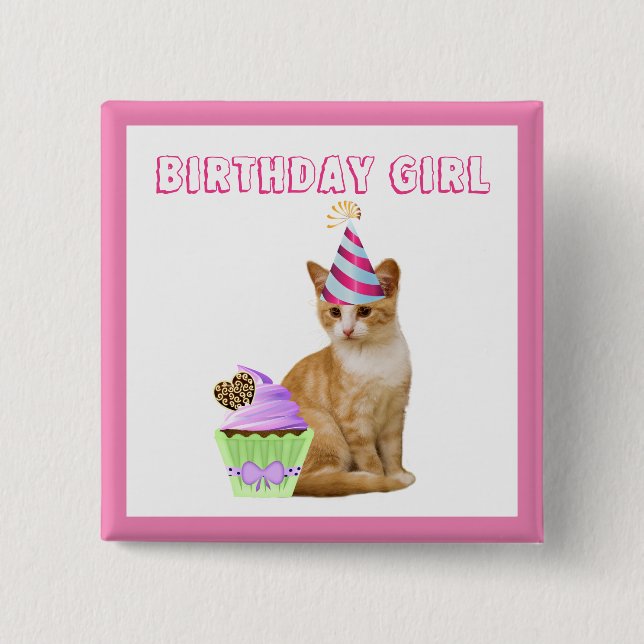 Cute Birthday Girl with Kitty Cat Button (Front)