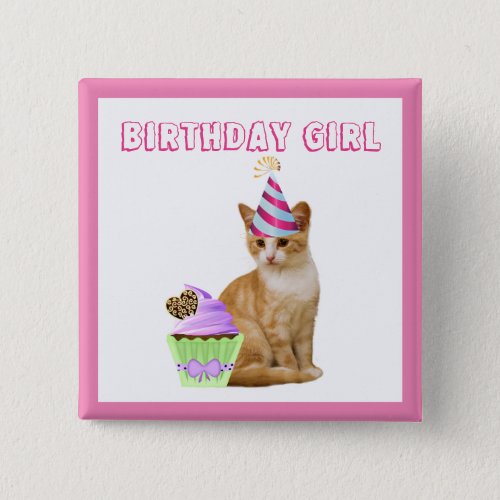 Cute Birthday Girl with Kitty Cat Button