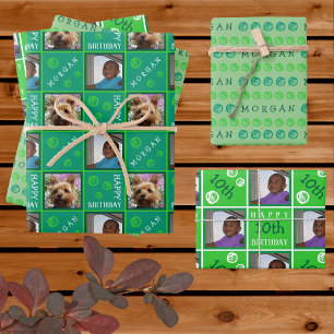 Cute Birthday Green 3 Photo Any Age Add Name Wrapping Paper Sheets