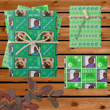 Cute Birthday Green 3 Photo Any Age Add Name Wrapping Paper Sheets by ArtfulDesignsByVikki at Zazzle