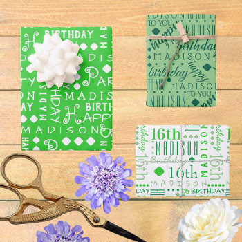 Cute Birthday Green Any Age Add Childs Name Wrapping Paper Sheets by ArtfulDesignsByVikki at Zazzle