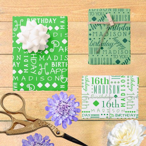Cute Birthday Green Any Age Add Childs Name Wrapping Paper Sheets