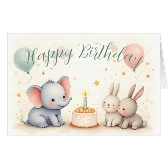 Cute Birthday Greeting with Animal Friends Card (Front Horizontal)