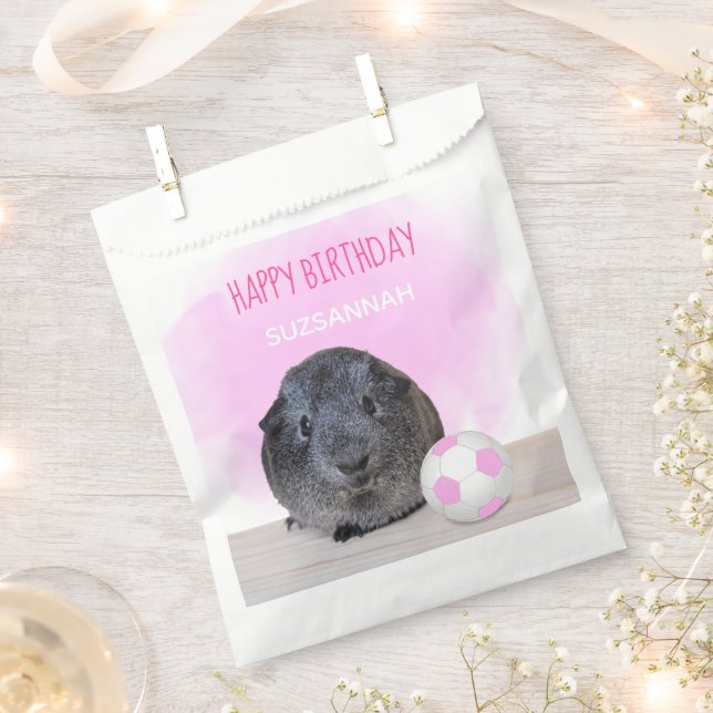 Cute Birthday Guinea Pig Pink & White Soccer Ball Favor Bag (Clipped)