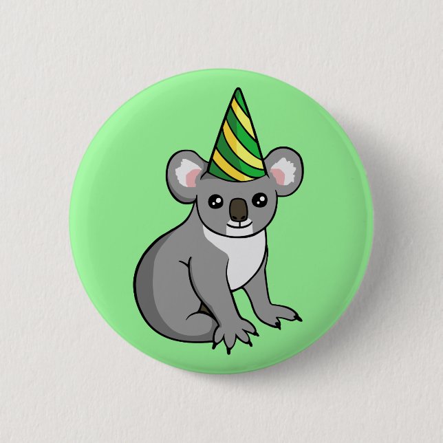 Cute Birthday Koala in Party Hat Drawing Badge Pinback Button (Front)