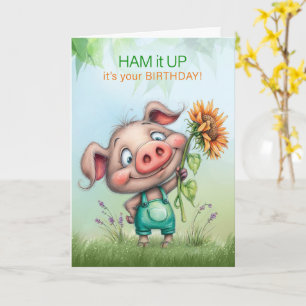 Cute Birthday Little Boy Piggy with Ham it Up Card