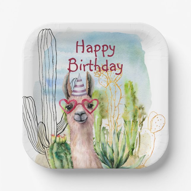 Cute Birthday Llama Paper Plates (Front)