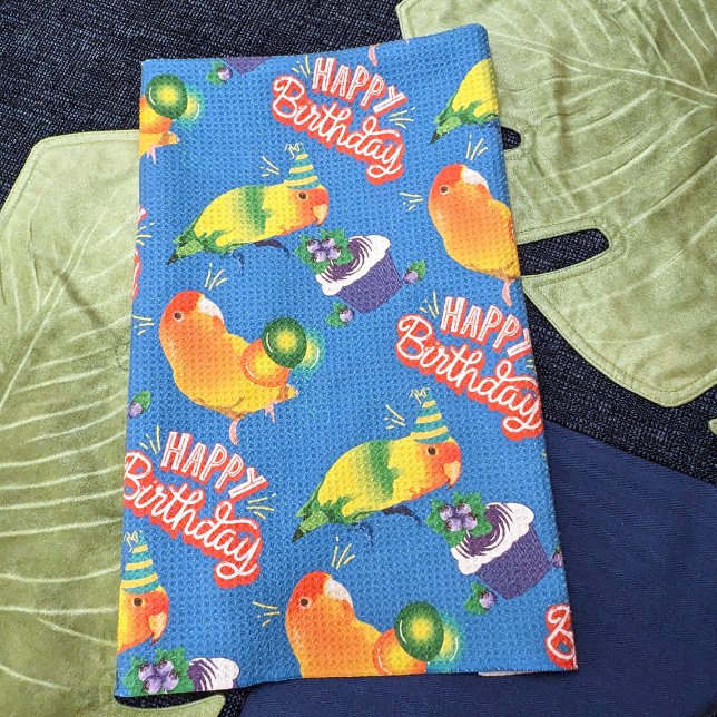 Cute Birthday Lovebird Party Parrots Colorful Blue Kitchen Towel (Creator Uploaded)