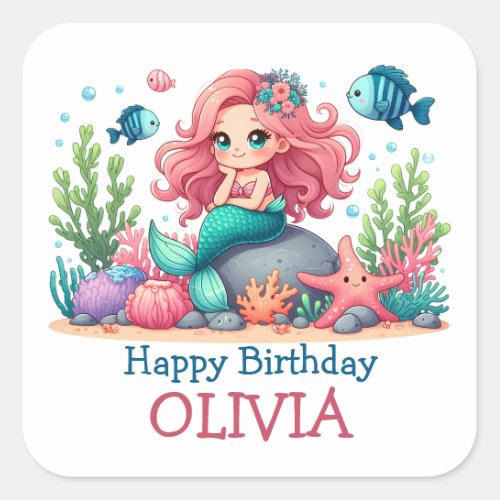 Cute Birthday Mermaid And Fish Personalized Square Sticker